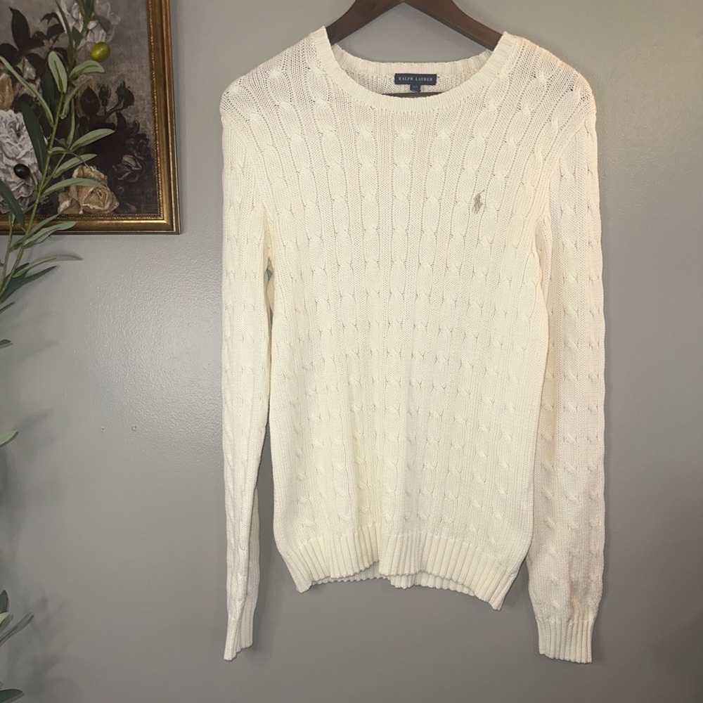 Ralph Lauren Cable Knit Sweater Cream Cotton Preppy Classic Logo Quiet Luxury L - Picture 2 of 7